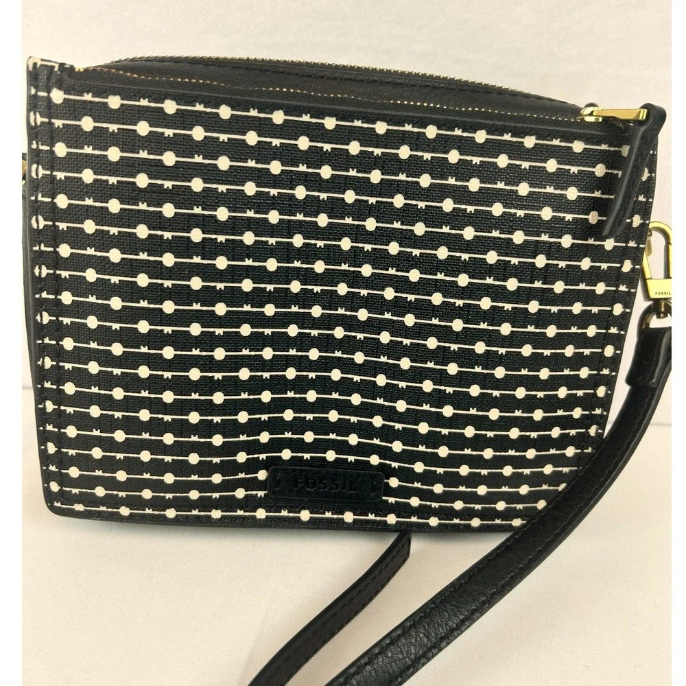 Fossil Black White Key Print Triple Zip Crossbody Bag Brass Hardware